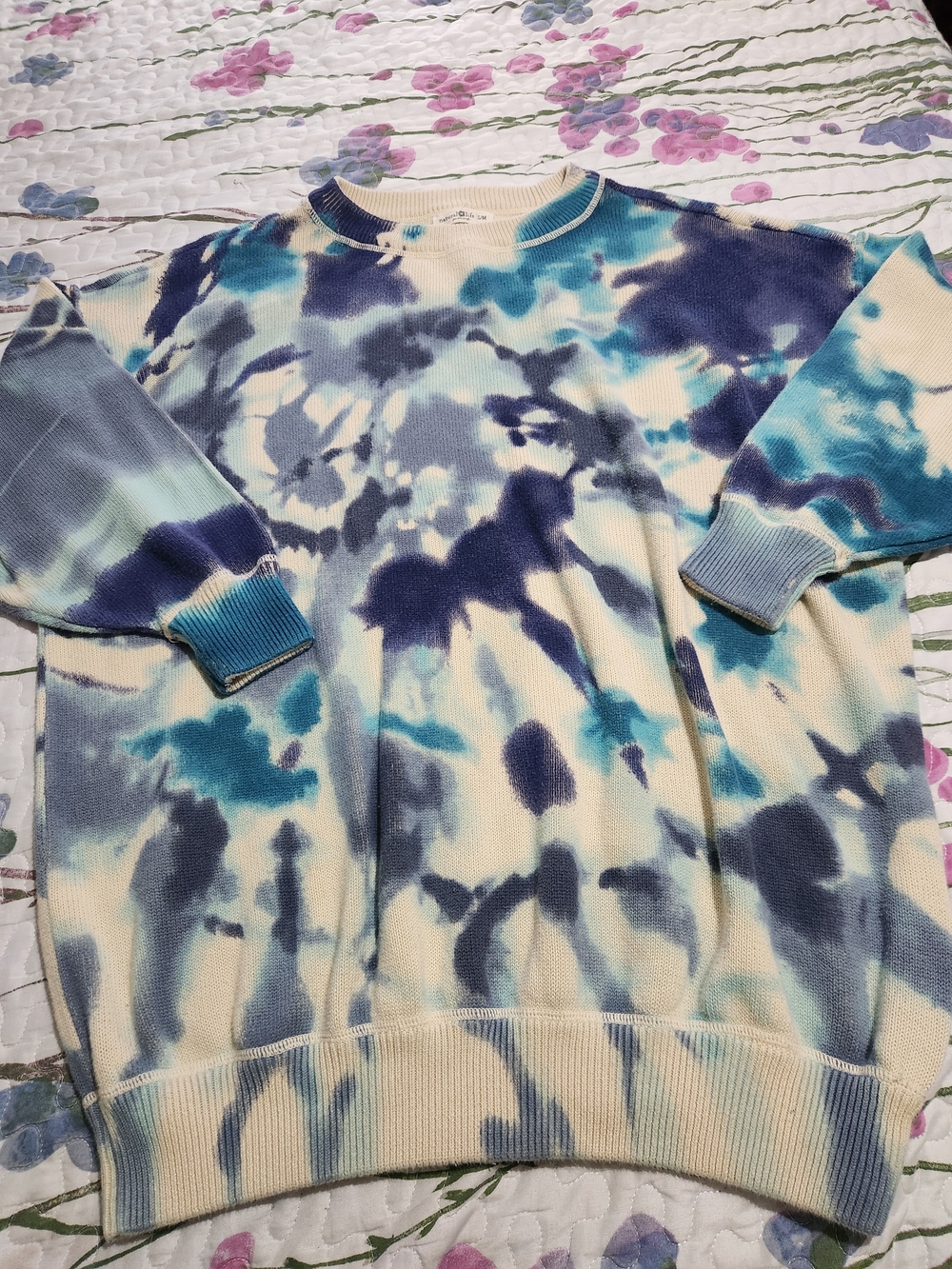 Natural Life Taylor Oversized Cotton Tie-Dye Crewneck Sweater - Blue & Cream